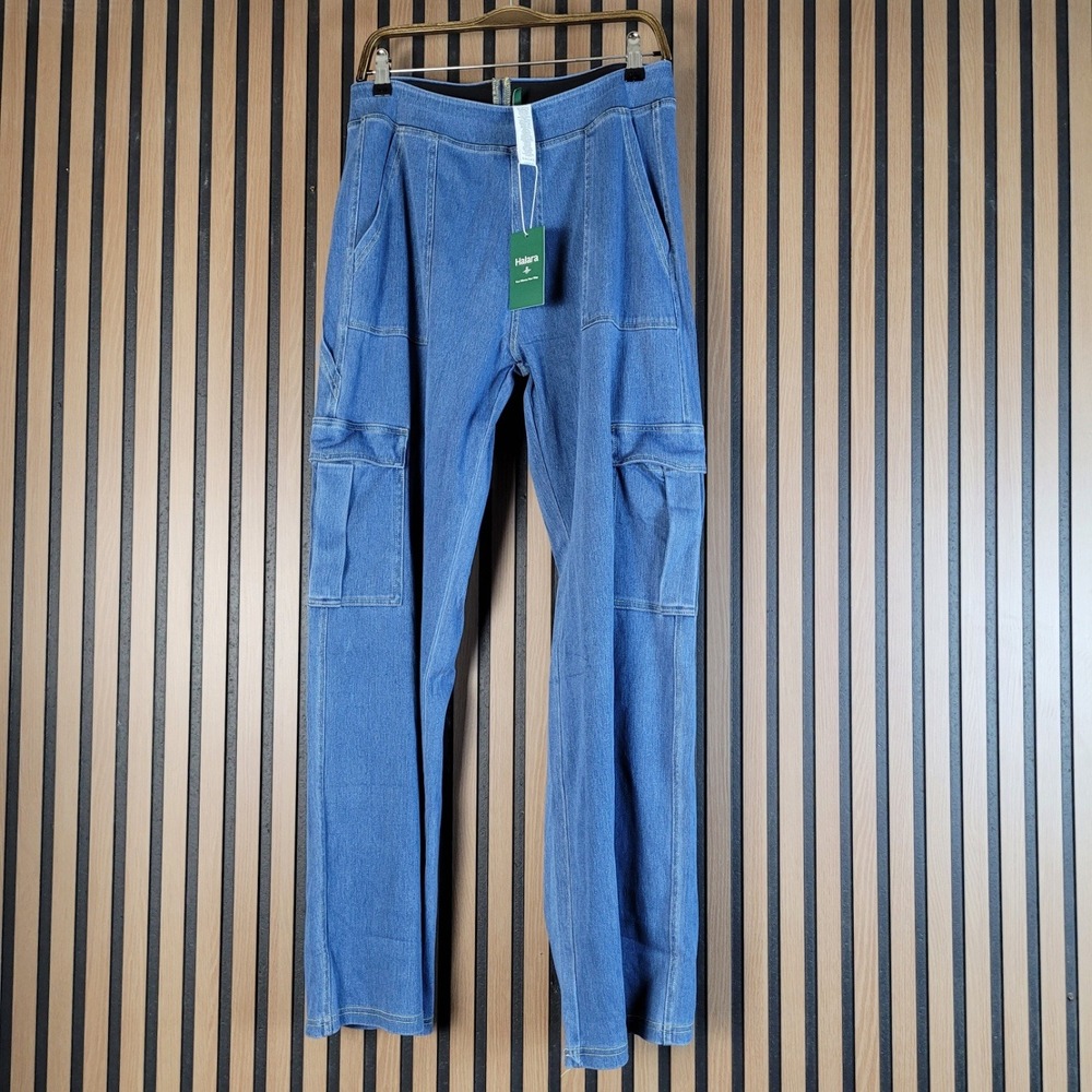 Halara Flex Denim Cargo Pants Mid Rise Straight Leg Blue Stretch Large NWT